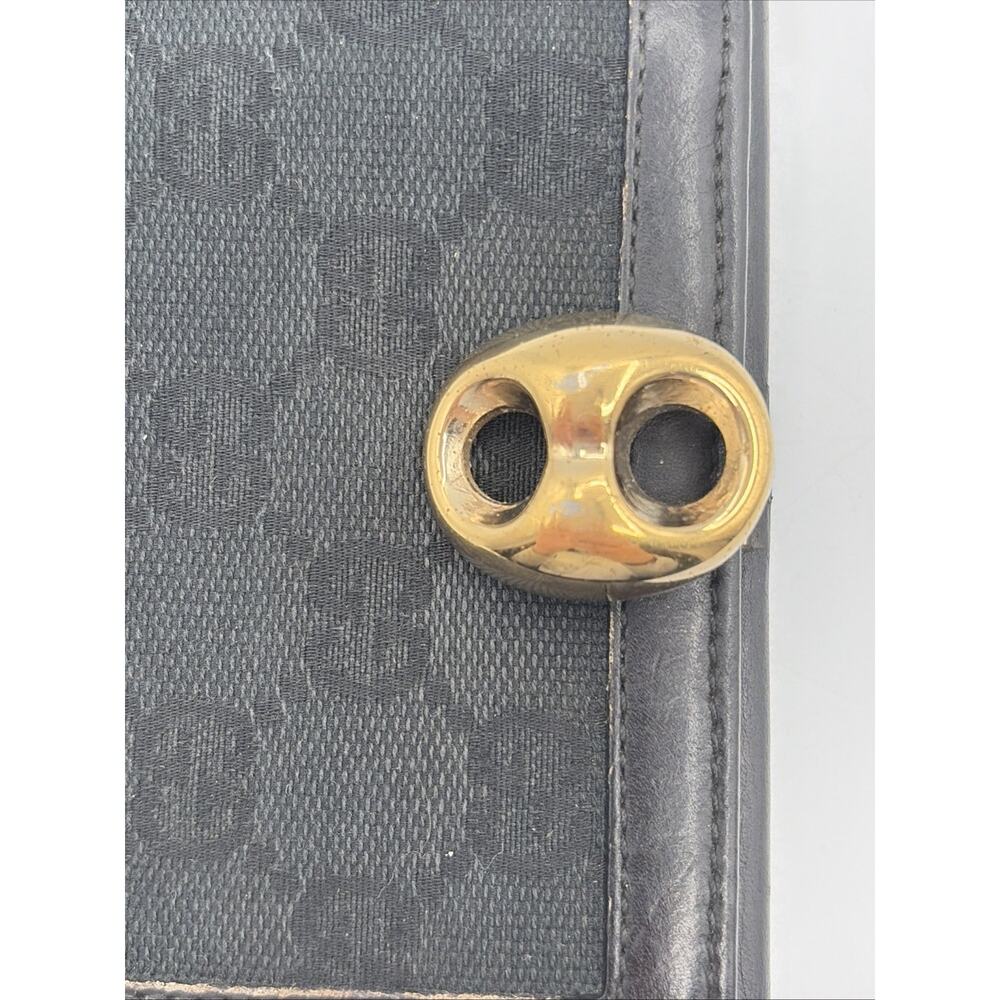 GUCCI GG LOGO BLACK LEATHER/CANVAS COMPACT BIFOLD WALLET W/BUCKLE CLOSURE RARE - Picture 2 of 16